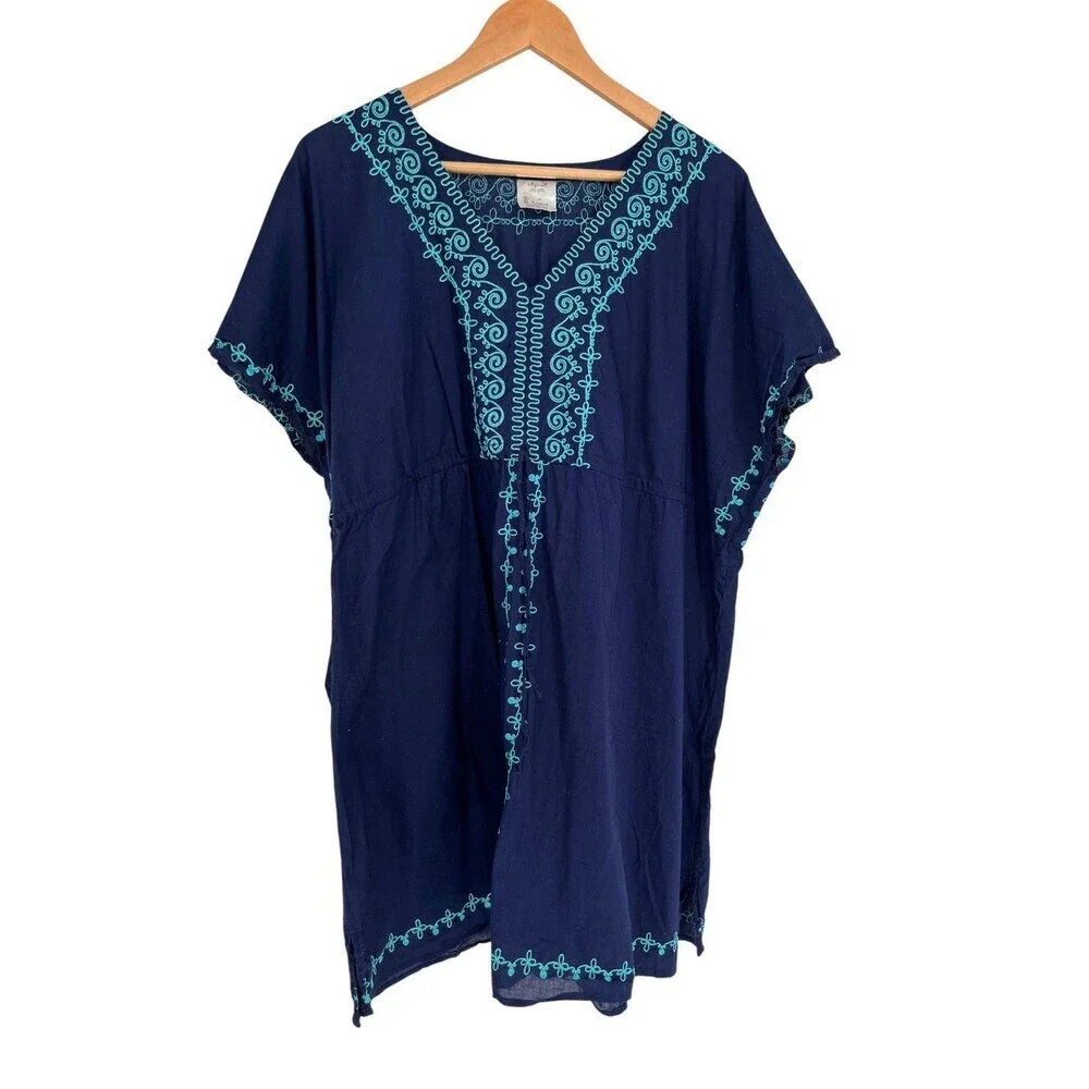 It Figures! Swim Cover Up Tunic Womens Size 2X Navy Blue Embroidered Cotton Boho